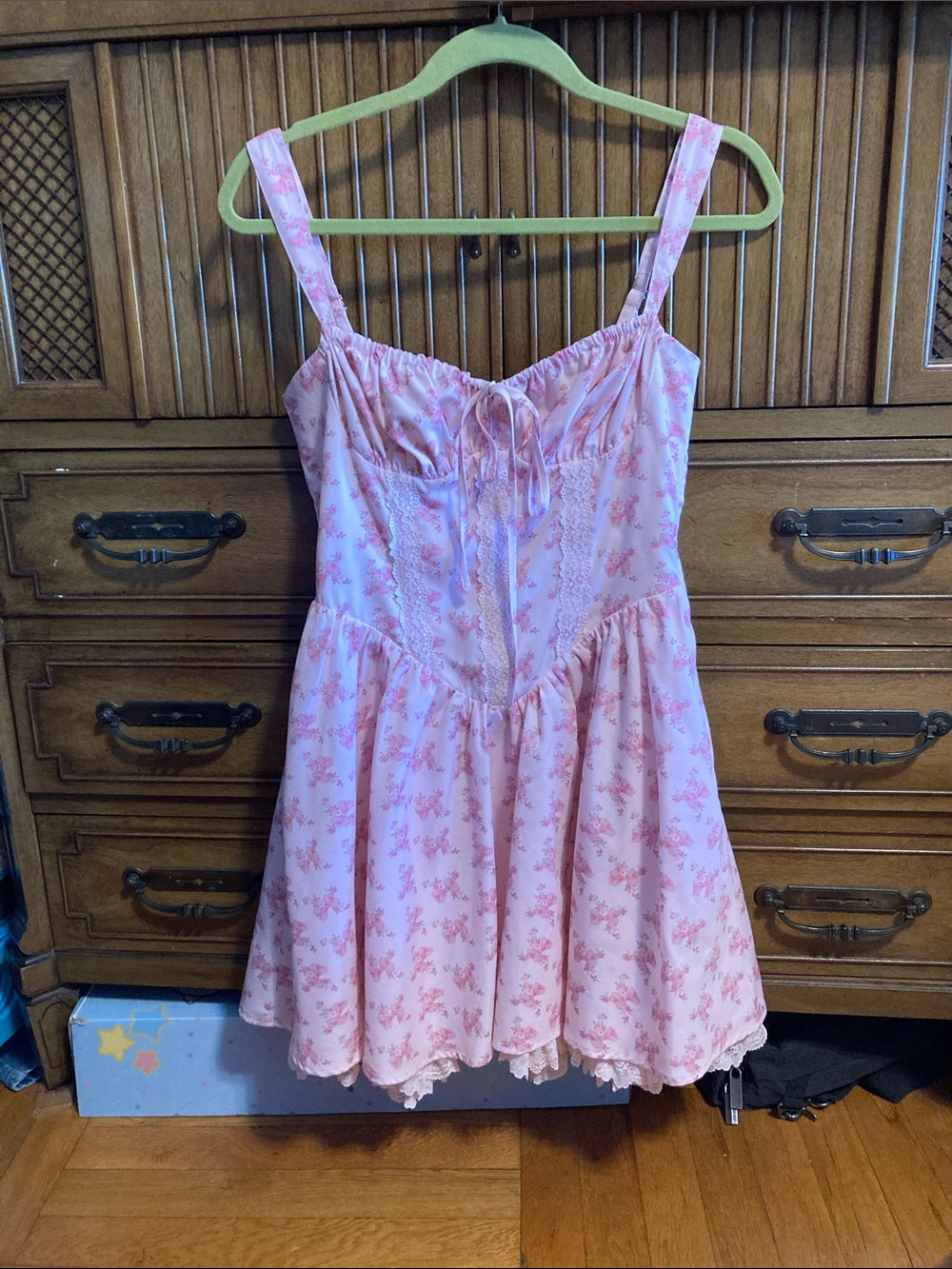 RARERAW Pink Floral Corset Mini Dress with Lace Trim